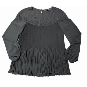Zara Woman Black Pleated Lace Blouse Long Sleeve Flowy Top Size S Chic Stretch